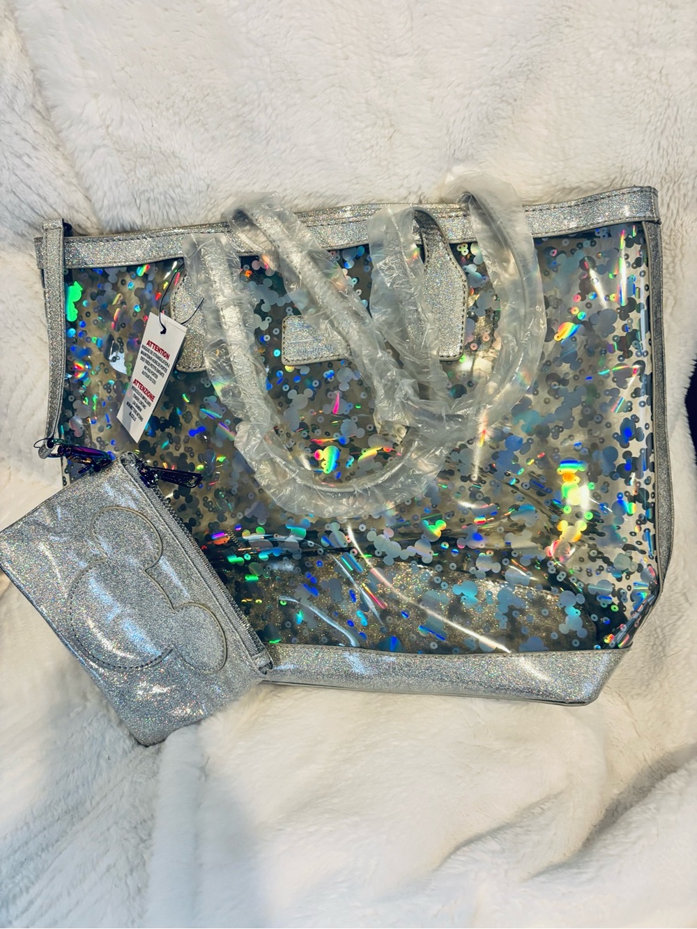 LOUNGEFLY Disney Parks Mickey Silver Holographic Tote Bag with Wristlet